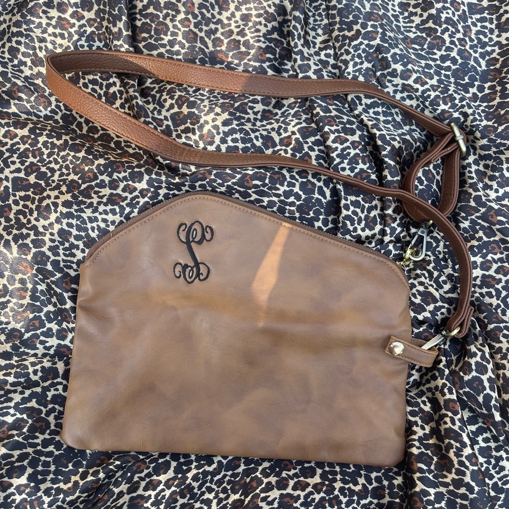 Mud Pie Monogramed Brown Faux Leather Crossbody Bag